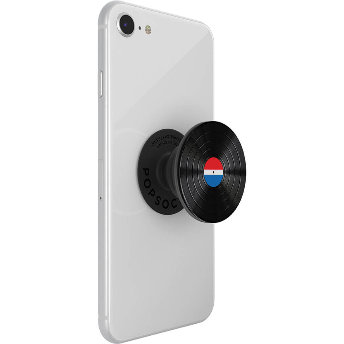 Un PopSocket nero con disegno bandiera olandese su smartphone bianco.