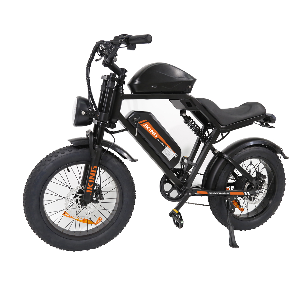 Schwarzes E-Bike mit fetten Reifen, Federung und Batteriepack.