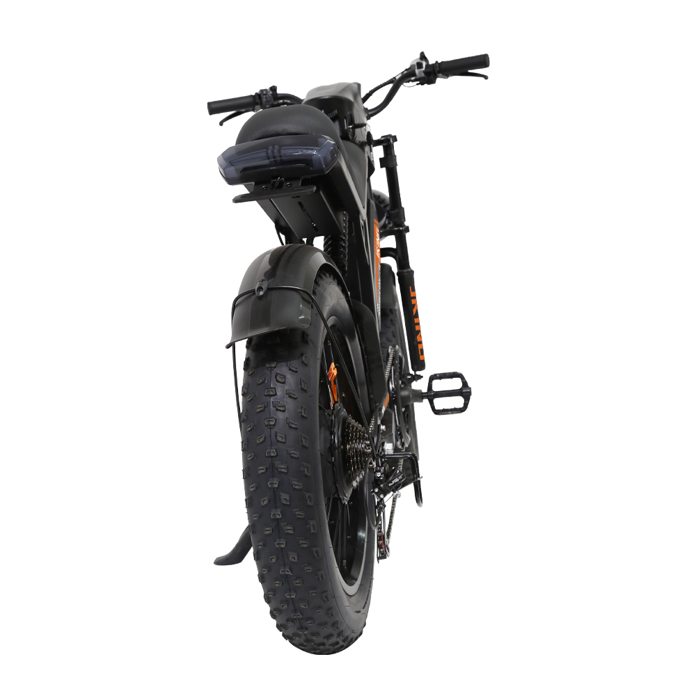 Schwarzes E-Bike mit dicken Reifen, im Profil von hinten gezeigt.