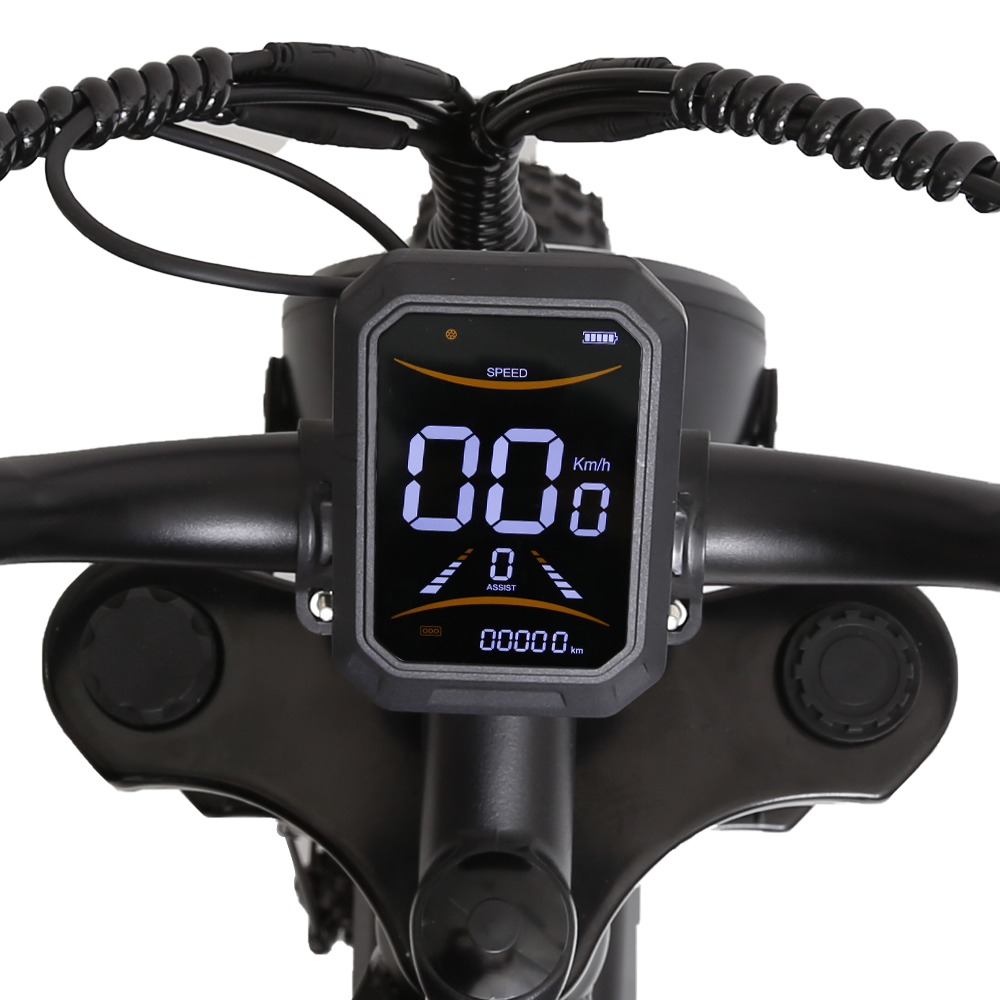 Digitalanzeige eines Fahrrad-Displays mit Geschwindigkeit, Kilometerstand und Akkuanzeige.