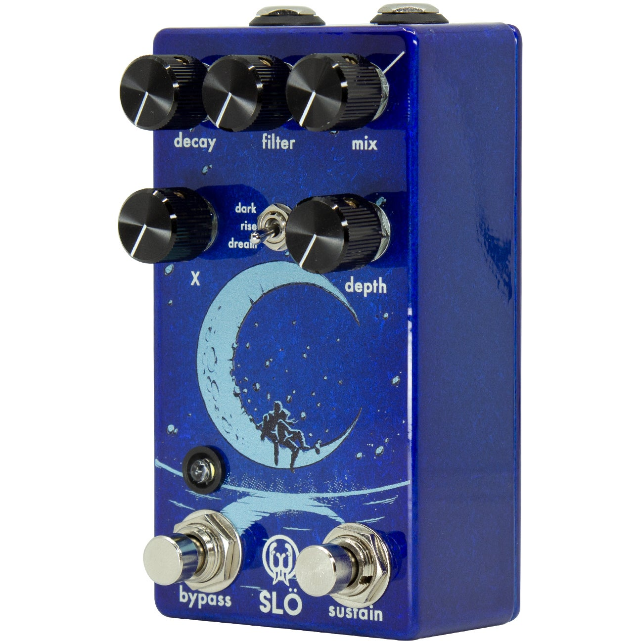 Blue effect pedal with moon design and knobs.