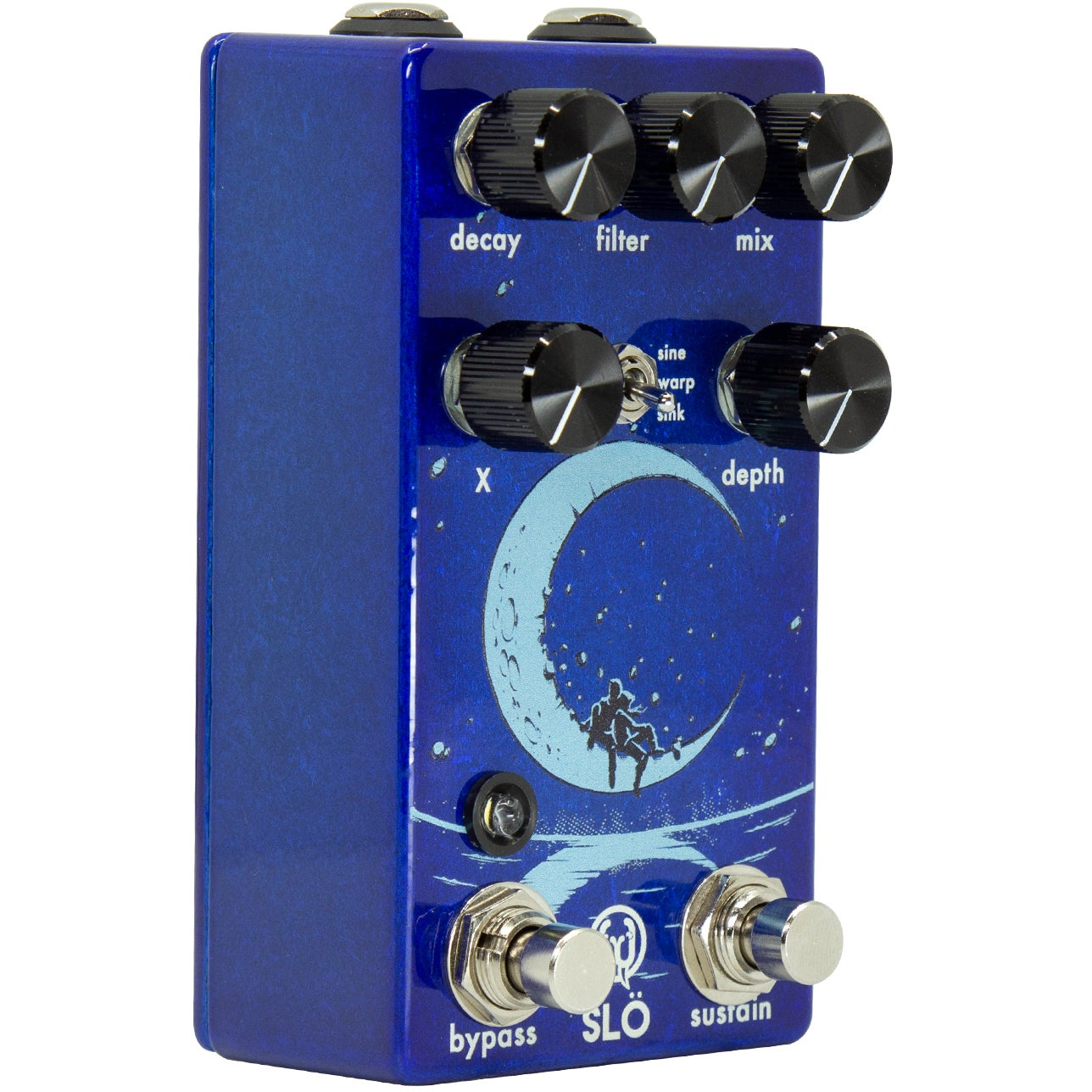 Blue guitar pedal with moon graphic, knobs labeled decay, filter, mix, depth.