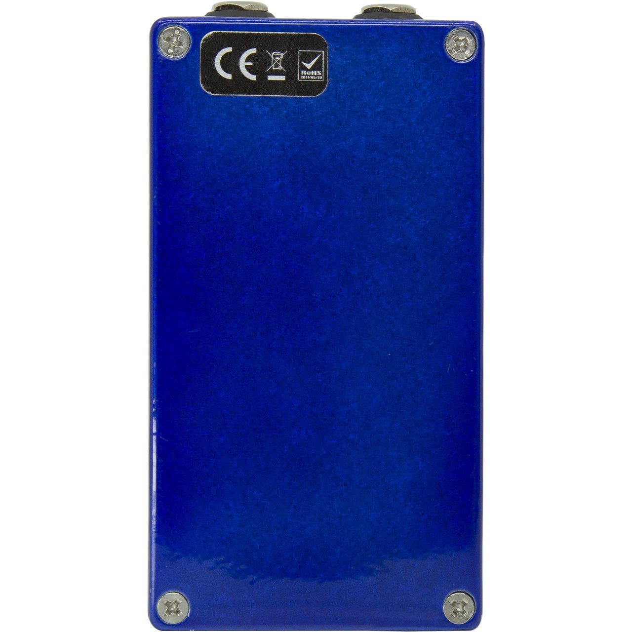 Blue electronic enclosure with CE and RoHS labels and visible screws.