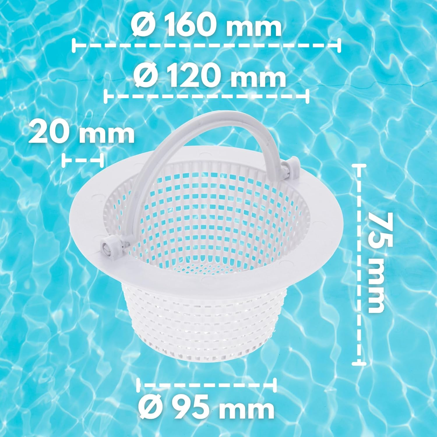 Ein weißer Pool-Skimmerkorb mit Maßen, der in blauem Wasser schwimmt.