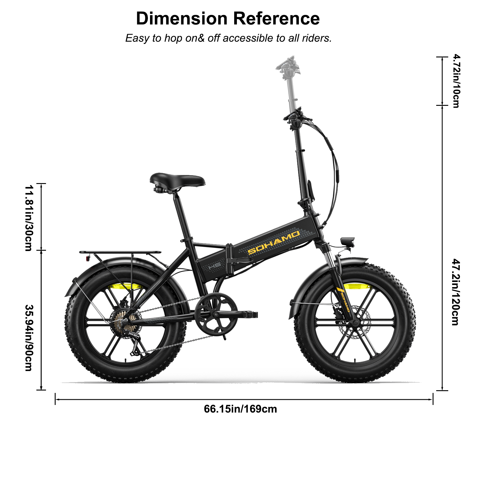 Czarny rower składany z grubymi oponami i żółtymi odblaskami. Podane wymiary.