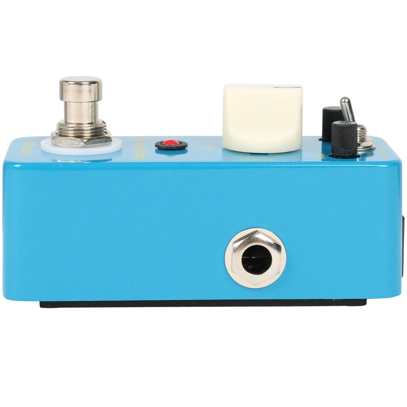 Ayak pedalı, düğme, anahtar ve giriş jakı olan mavi stompbox.