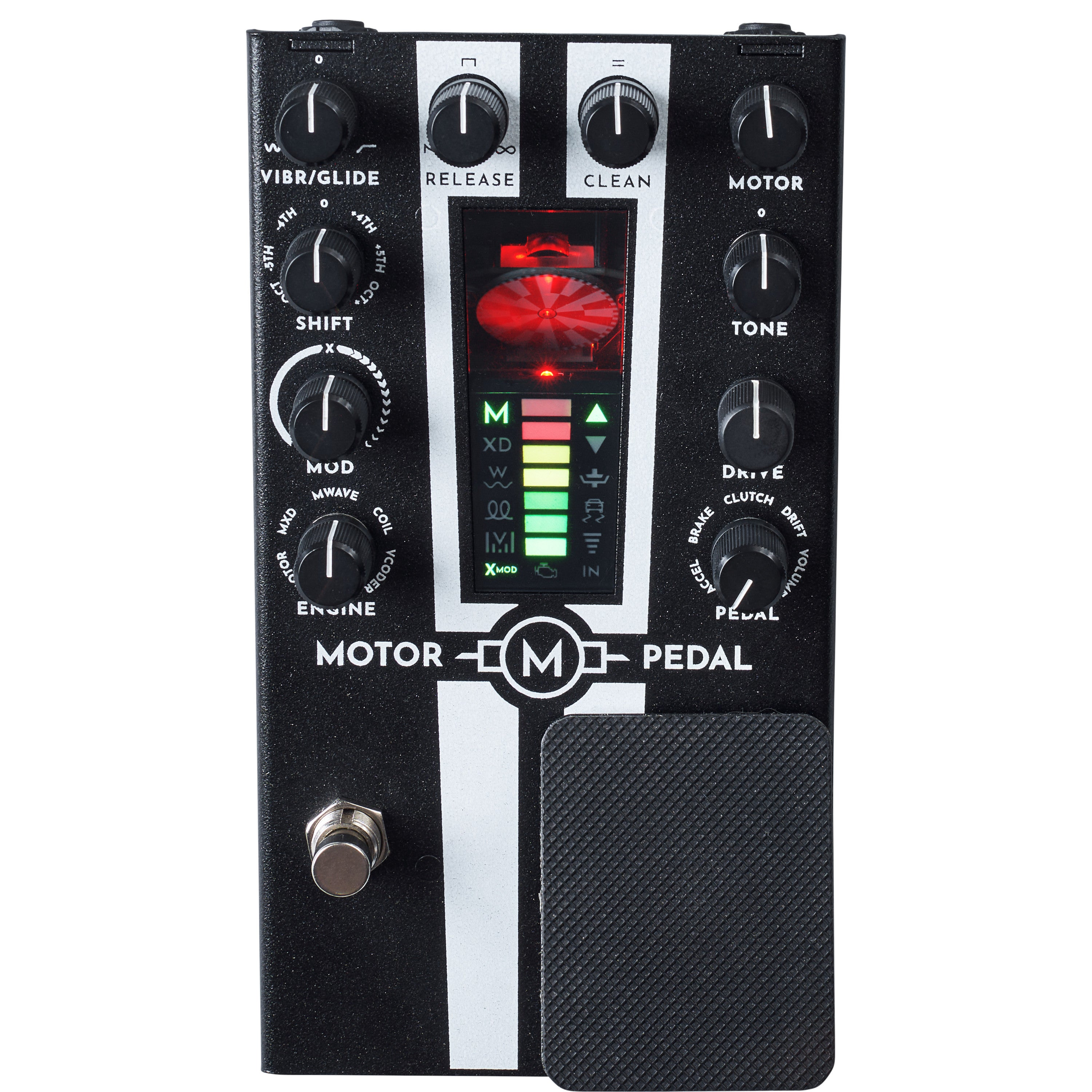 Black effects pedal with multiple knobs, switches, and a digital display.
