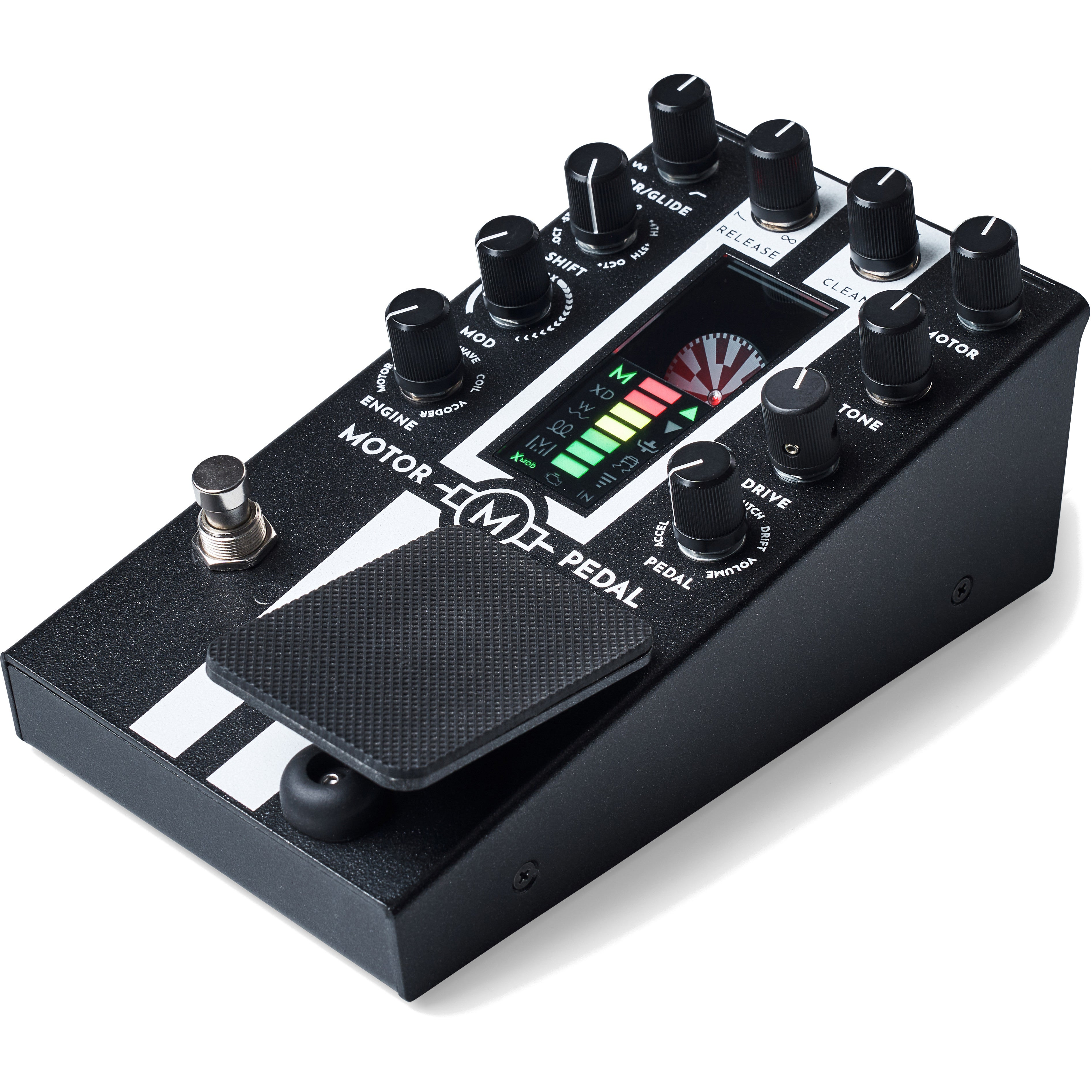 A black effects pedal with knobs, a display, and a footswitch.