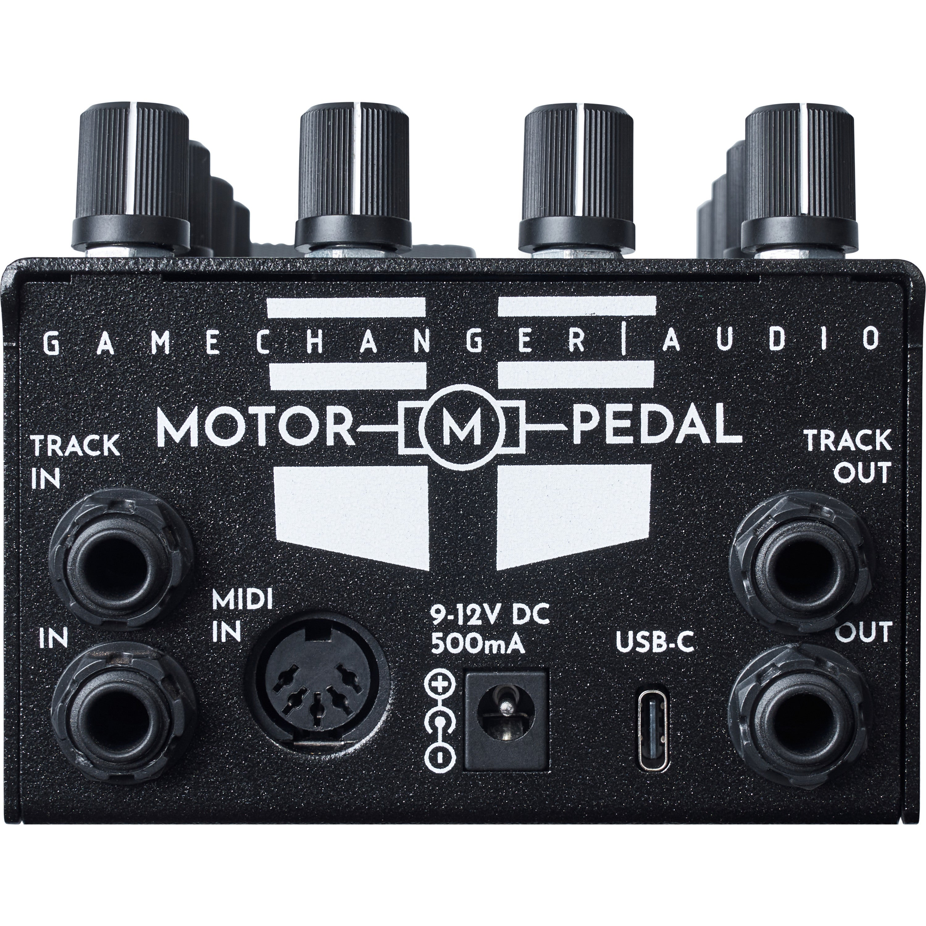 Black effects pedal with knobs, jacks, and labels.