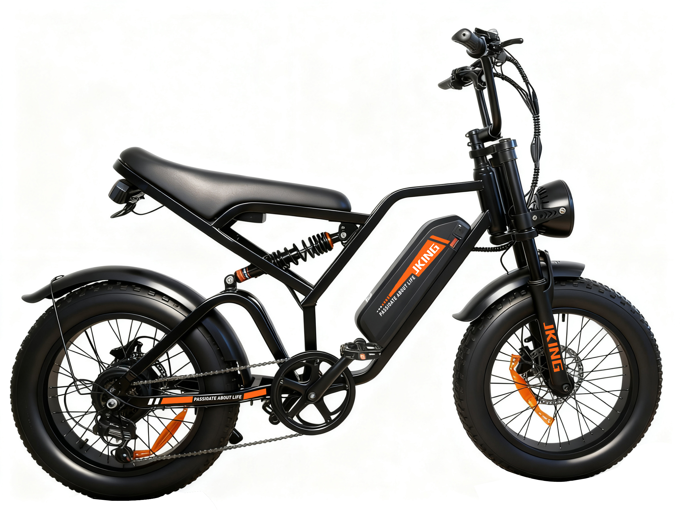 Ein schwarzes E-Bike mit dicken Reifen, Federung und orangefarbenem Akku.