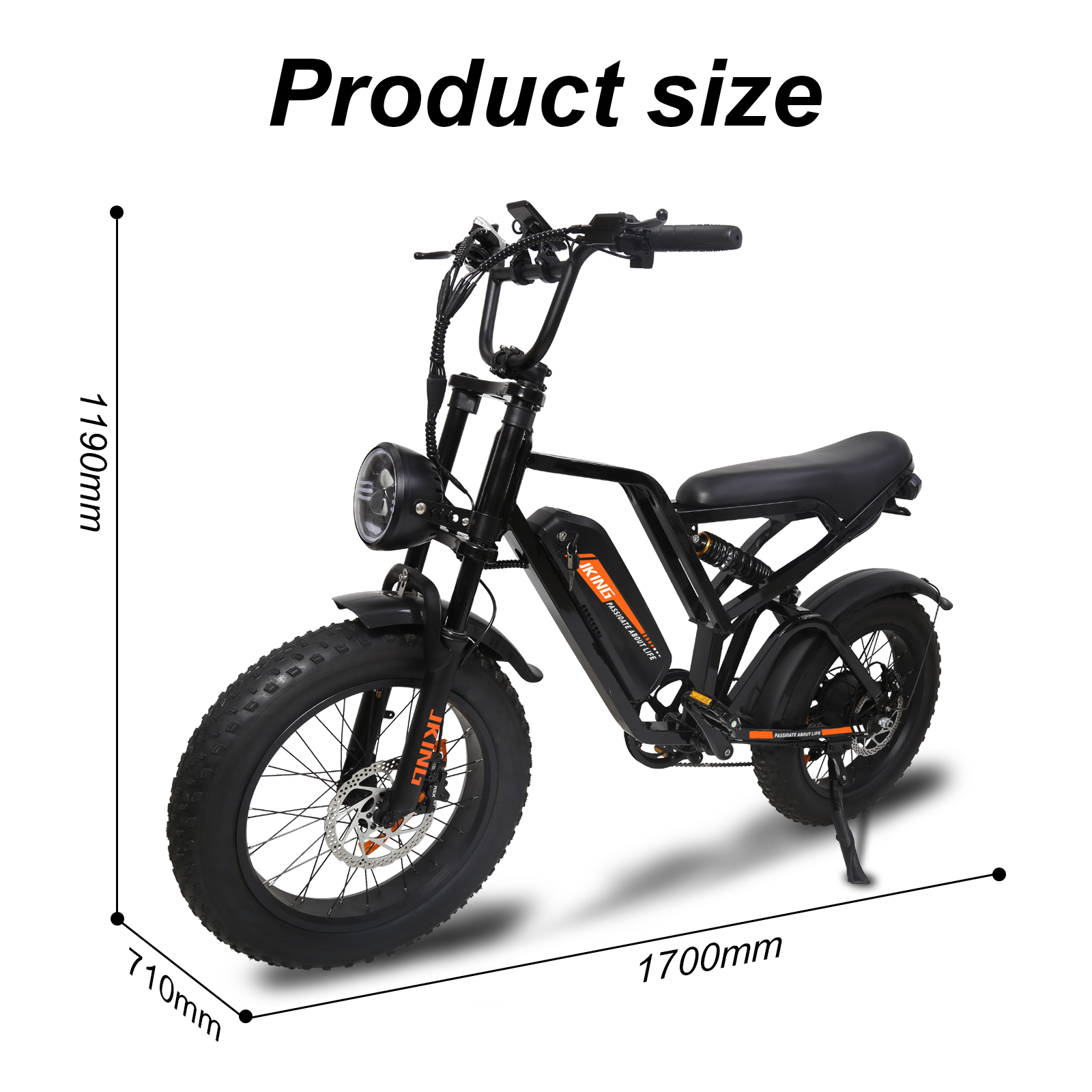 Schwarzes E-Bike mit dicken Reifen, Vordergrundmaße 710mm, Höhe 1190mm, Länge 1700mm.