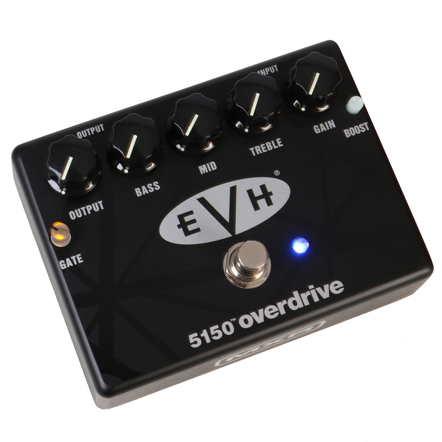 A black EVH 5150 overdrive guitar pedal with five knobs and two indicator lights.