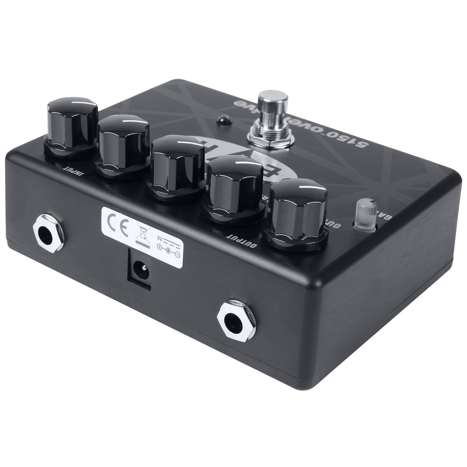Black effects pedal with five black knobs, a silver footswitch, and input/output jacks.