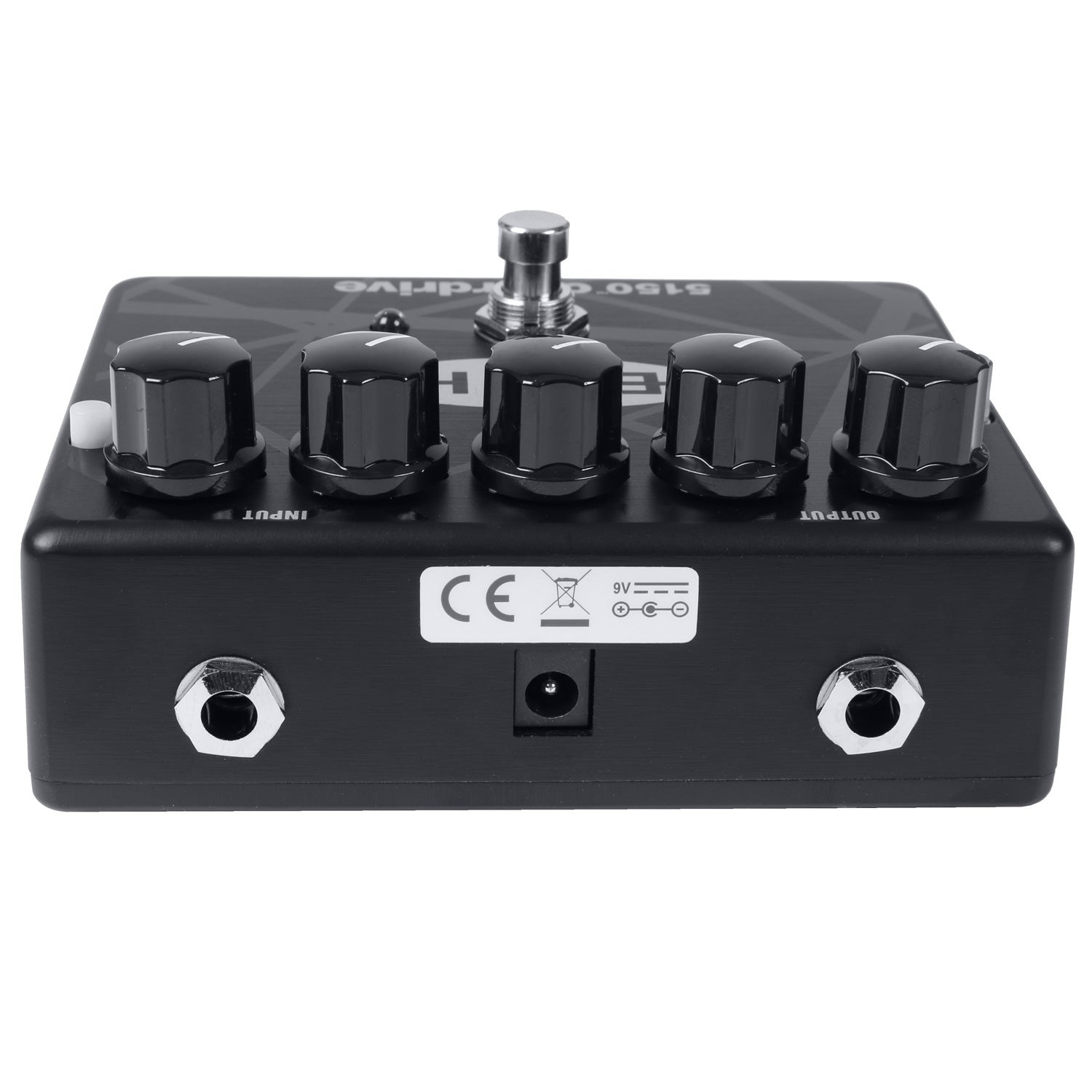 Black effect pedal with five black knobs, two jacks, and CE marking.