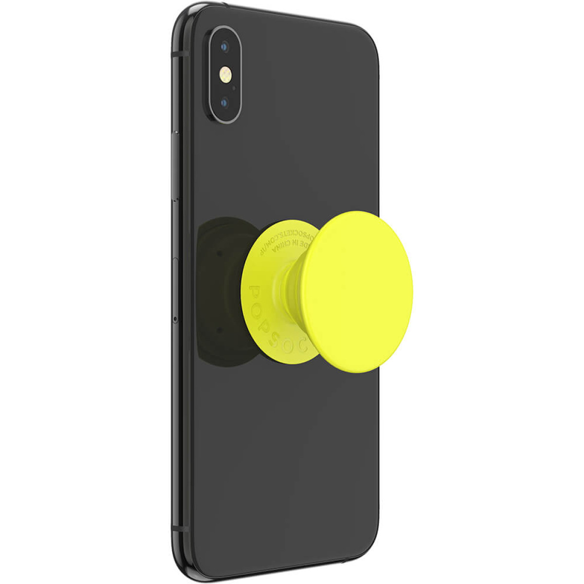 Ein schwarzes Smartphone mit einem leuchtend gelben PopSocket auf der Rückseite.