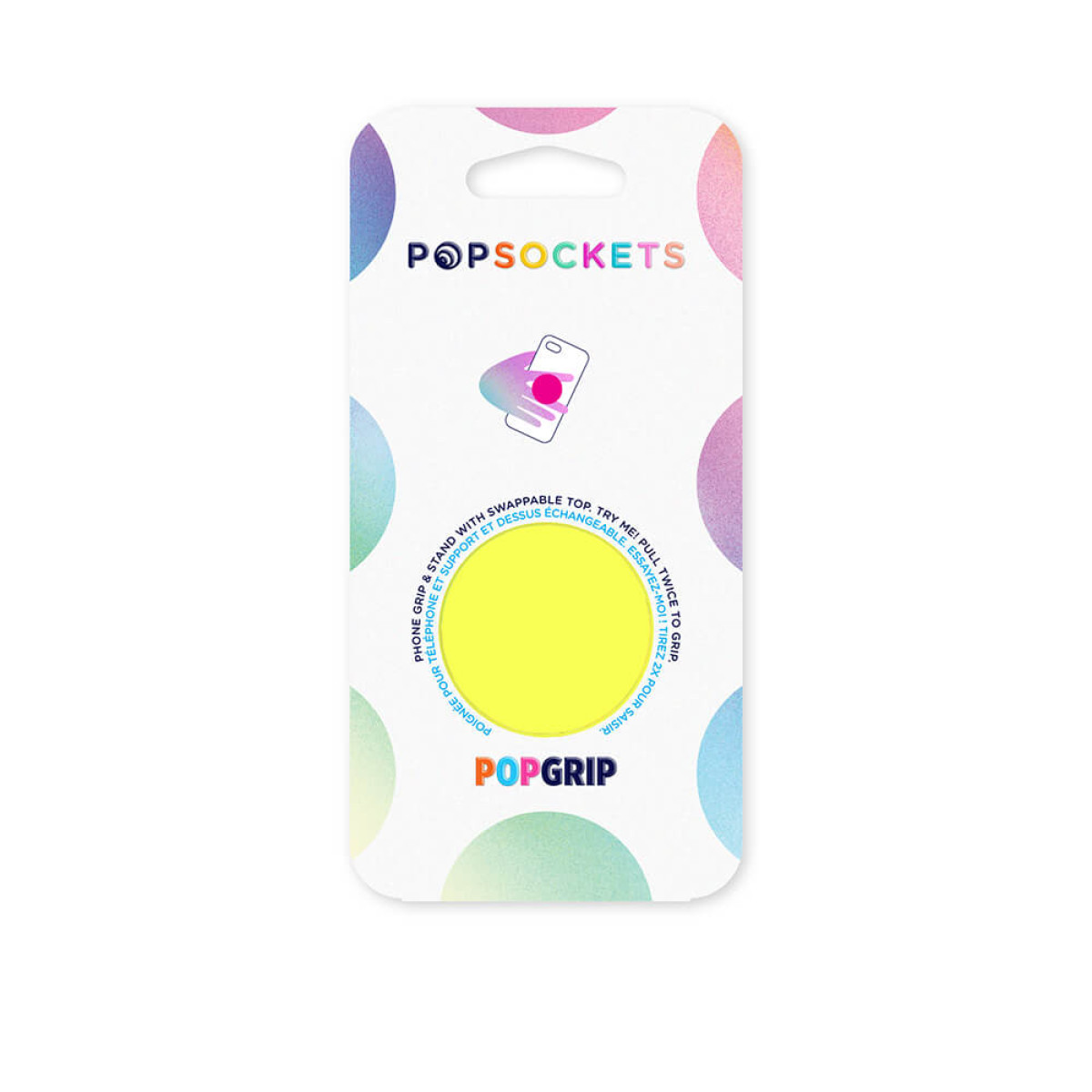 Popsockets PopGrip-Verpackung mit gelbem Kreismotiv und Anleitung.
