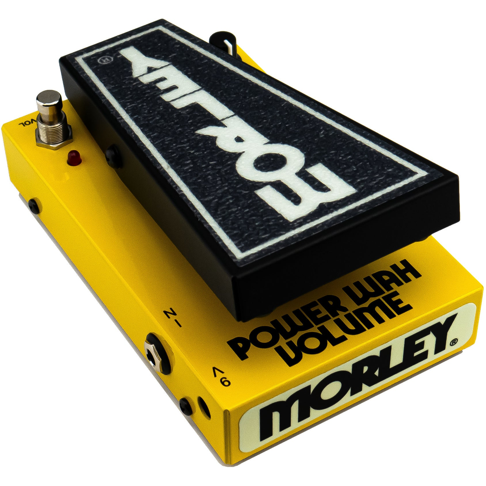 Een geel Morley Power Wah Volume pedaal met zwart loopvlak.