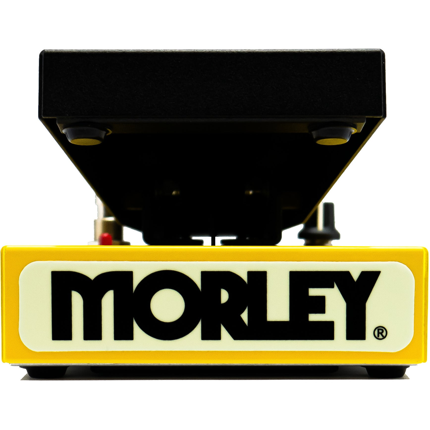 Een geel pedaal met een zwart "MORLEY" logo op een witte achtergrond.