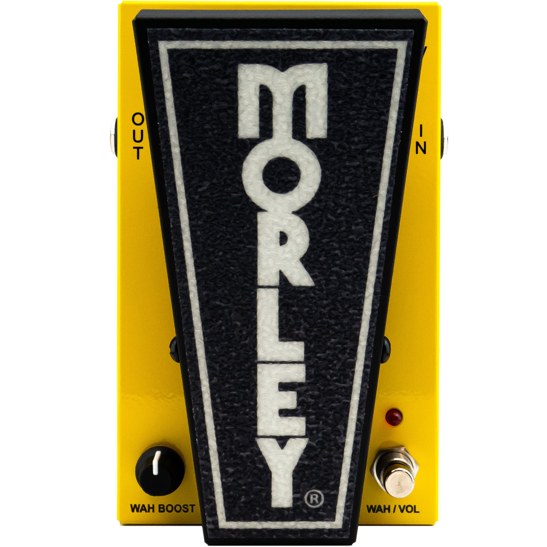 Geel gitaareffectpedaal met zwart „MORLEY“-logo, knoppen en schakelaars.