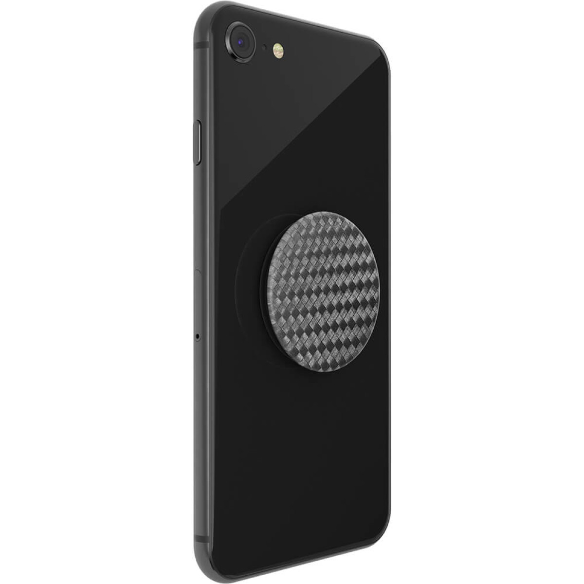 Teléfono inteligente negro con un PopSocket de patrón de fibra de carbono detrás.
