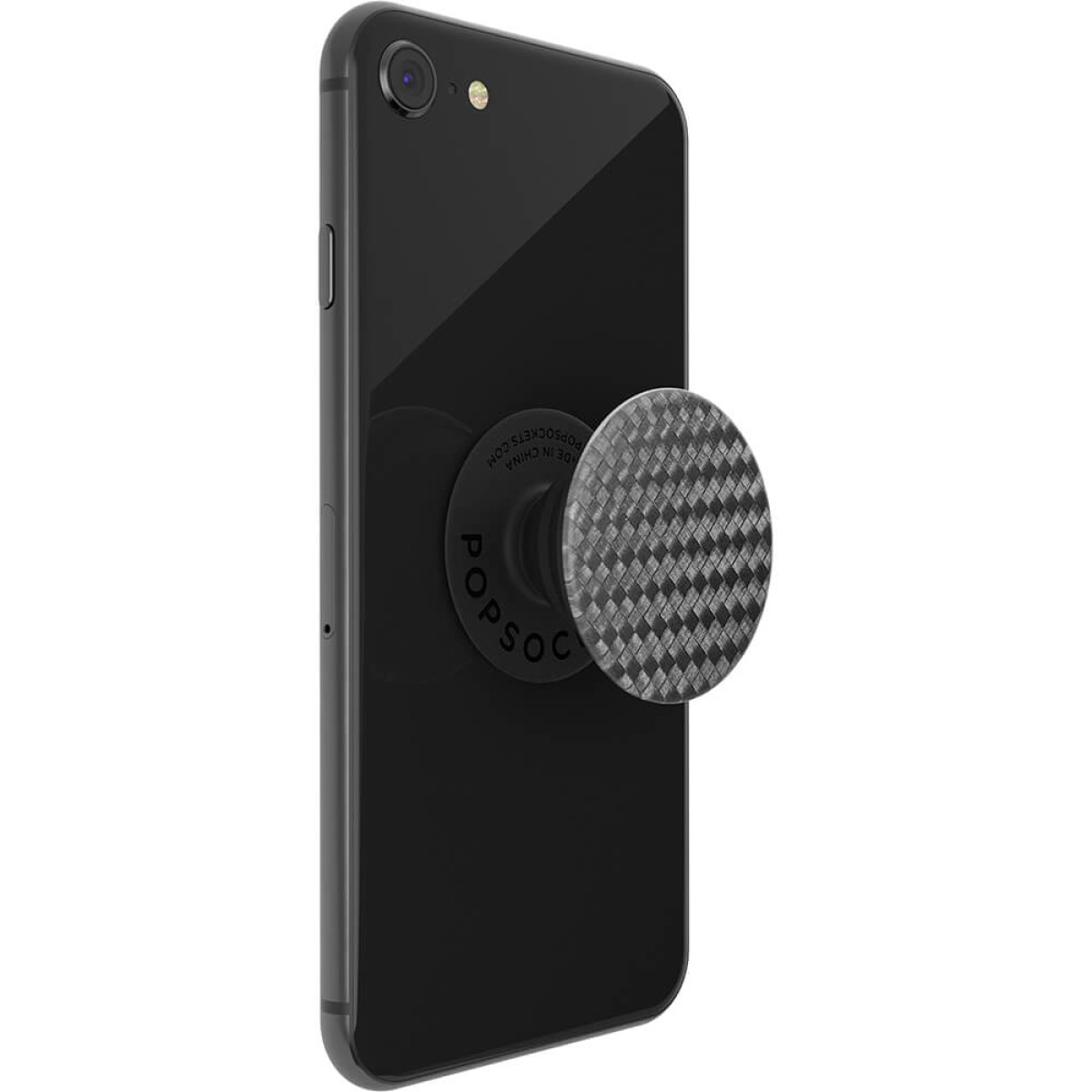 Teléfono inteligente negro con un PopSocket negro de diseño de fibra de carbono en la espalda.