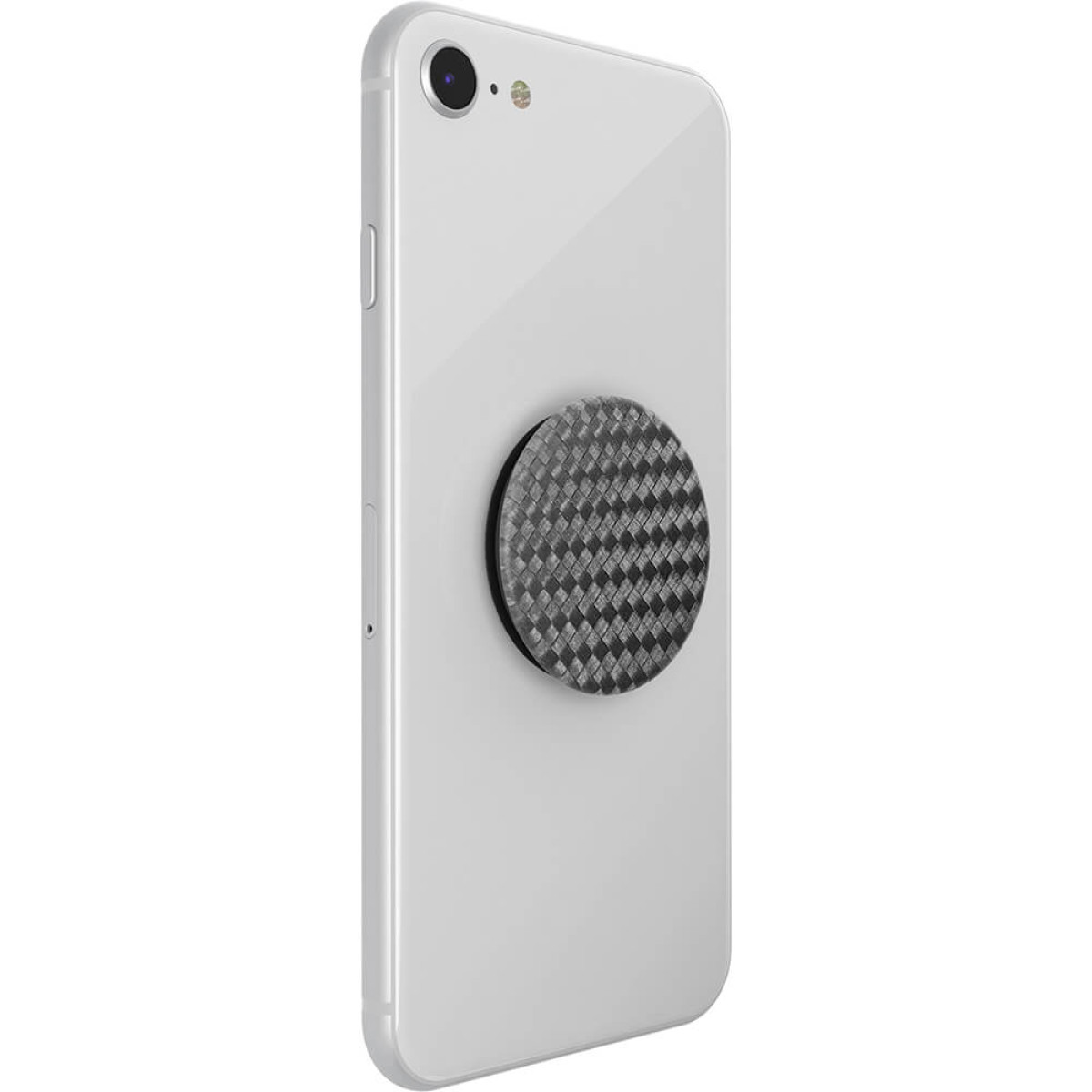 Un smartphone blanco con un agarre redondo de patrón de carbono negro.