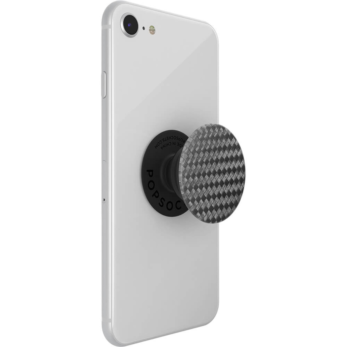 Un smartphone blanco con un agarre PopSockets negro de patrón de carbono.