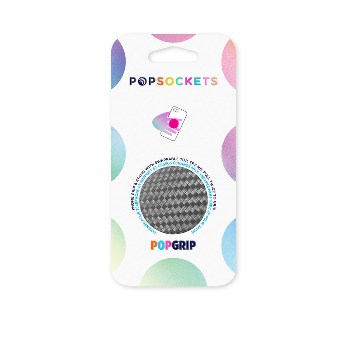 Embalaje de agarre para teléfono Popsockets con disco estampado y círculos coloridos.