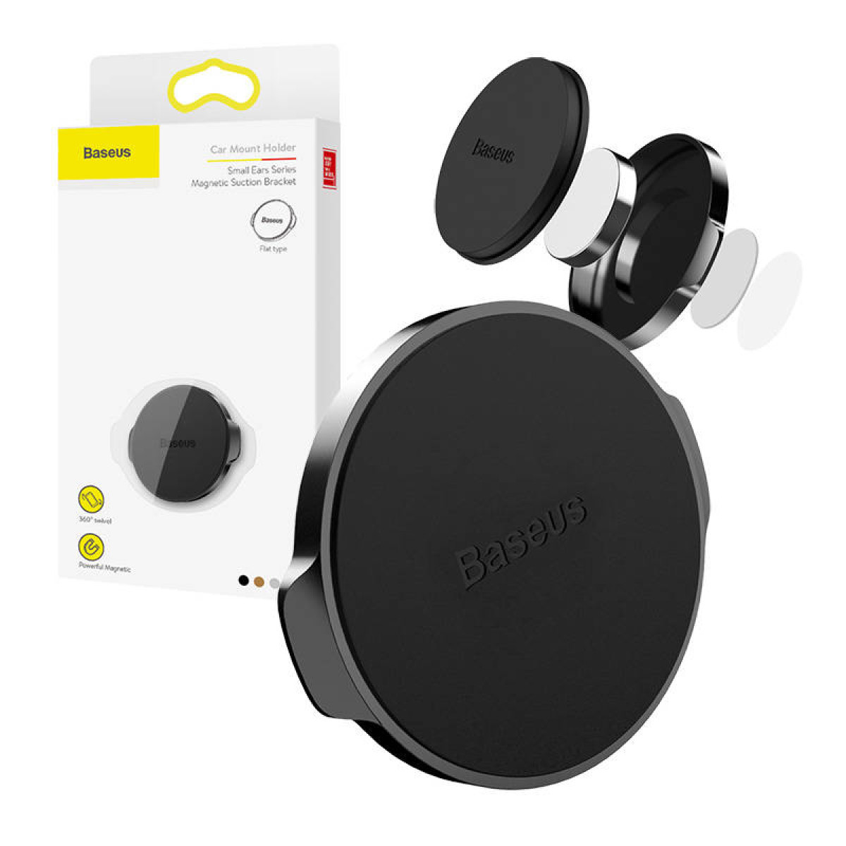 Czarny uchwyt samochodowy Baseus z magnetycznym mocowaniem i opakowaniem.
