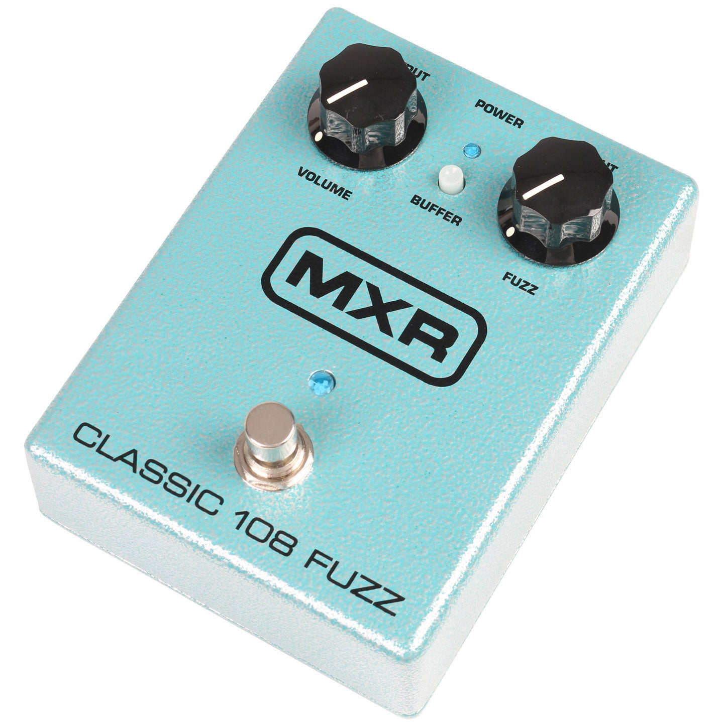 Een lichtblauw MXR Classic 108 Fuzz gitaareffectpedaal met zwarte knoppen.