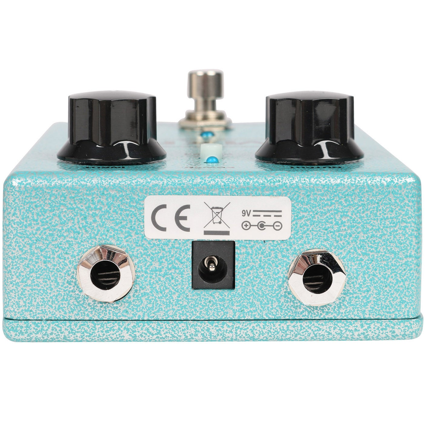 Turquoise stompbox met twee zwarte knoppen, in/uitgangen en stroomconnector.