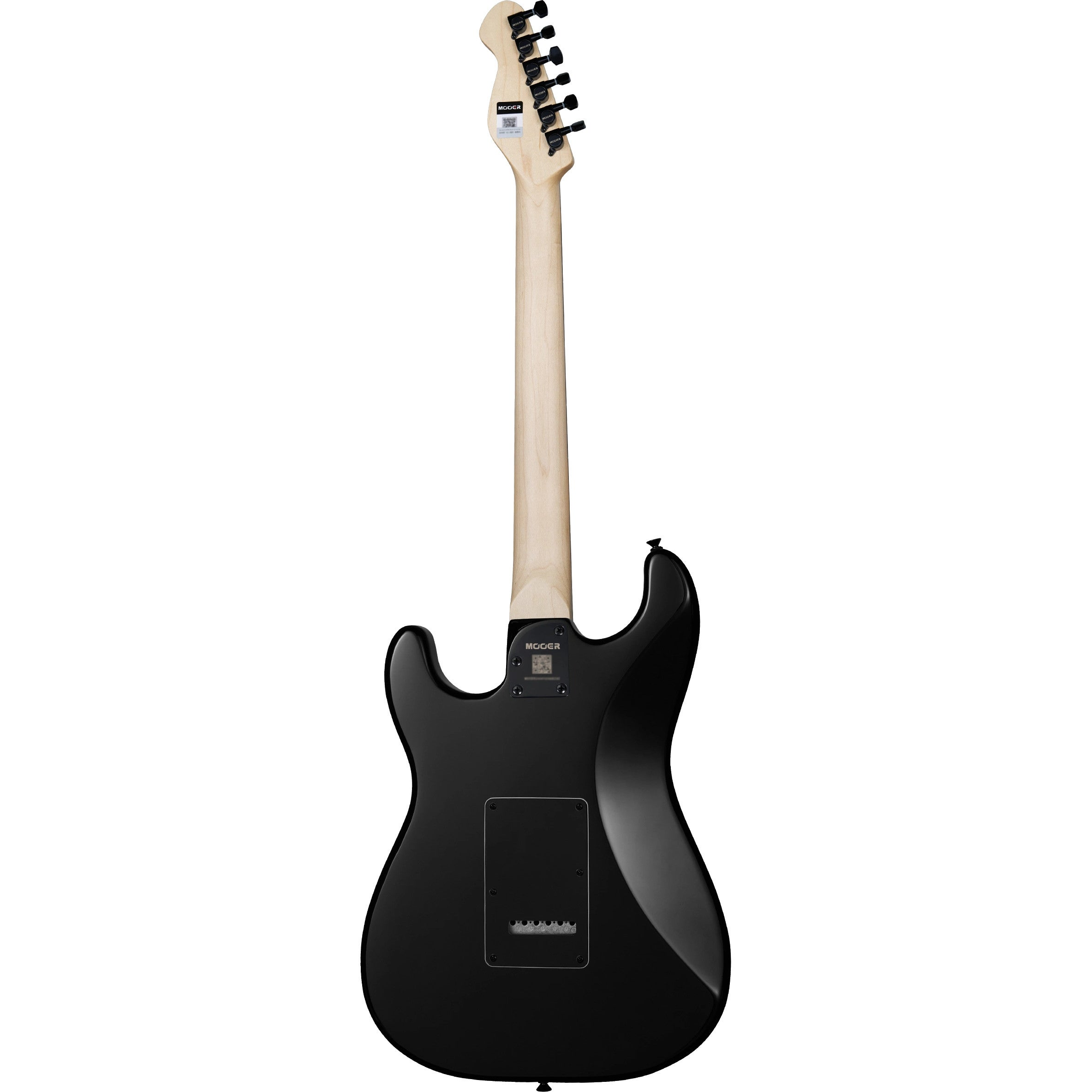 Açık ahşap sapa sahip siyah elektro gitarın arka görünümü.