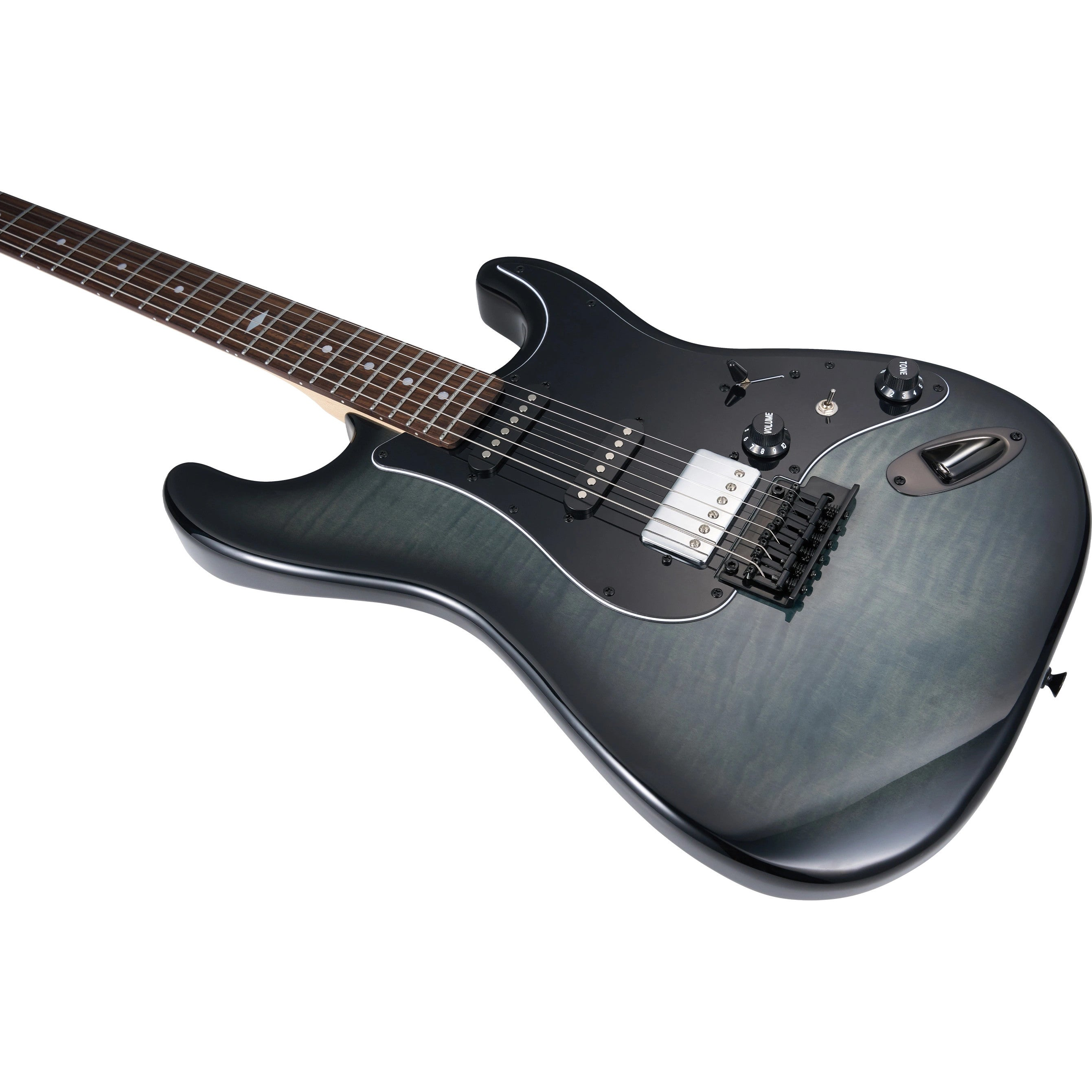 Altı telli, açık renkli klavyeli koyu renkli elektro gitar.