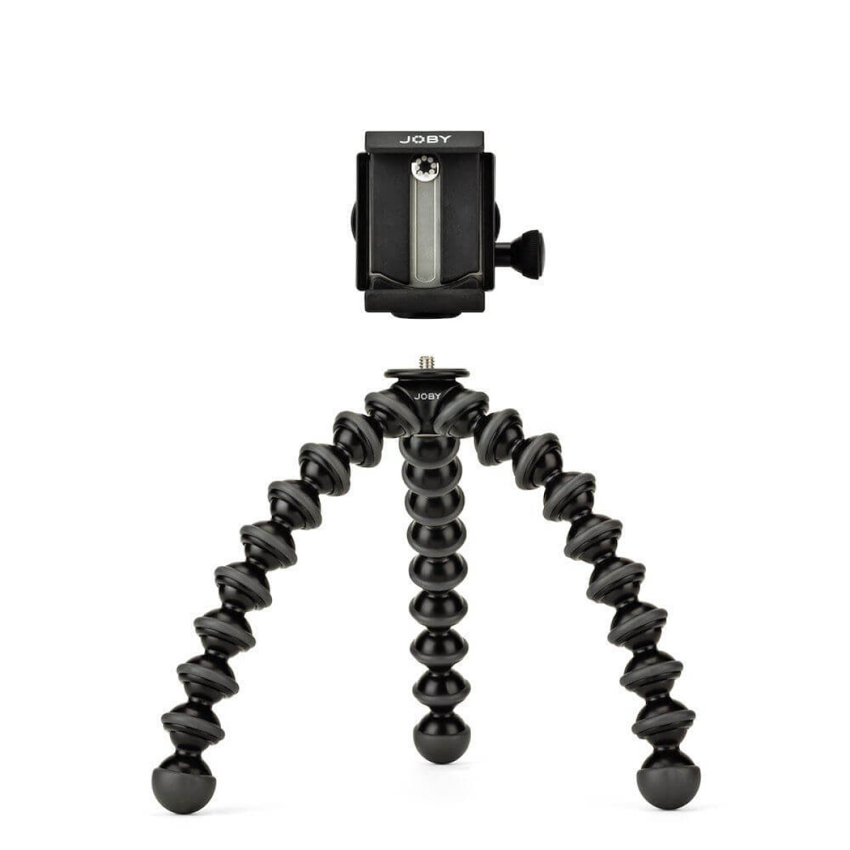 Ein schwarzes flexibles Joby Gorillapod Stativ und ein separater Kugelkopfausleger.