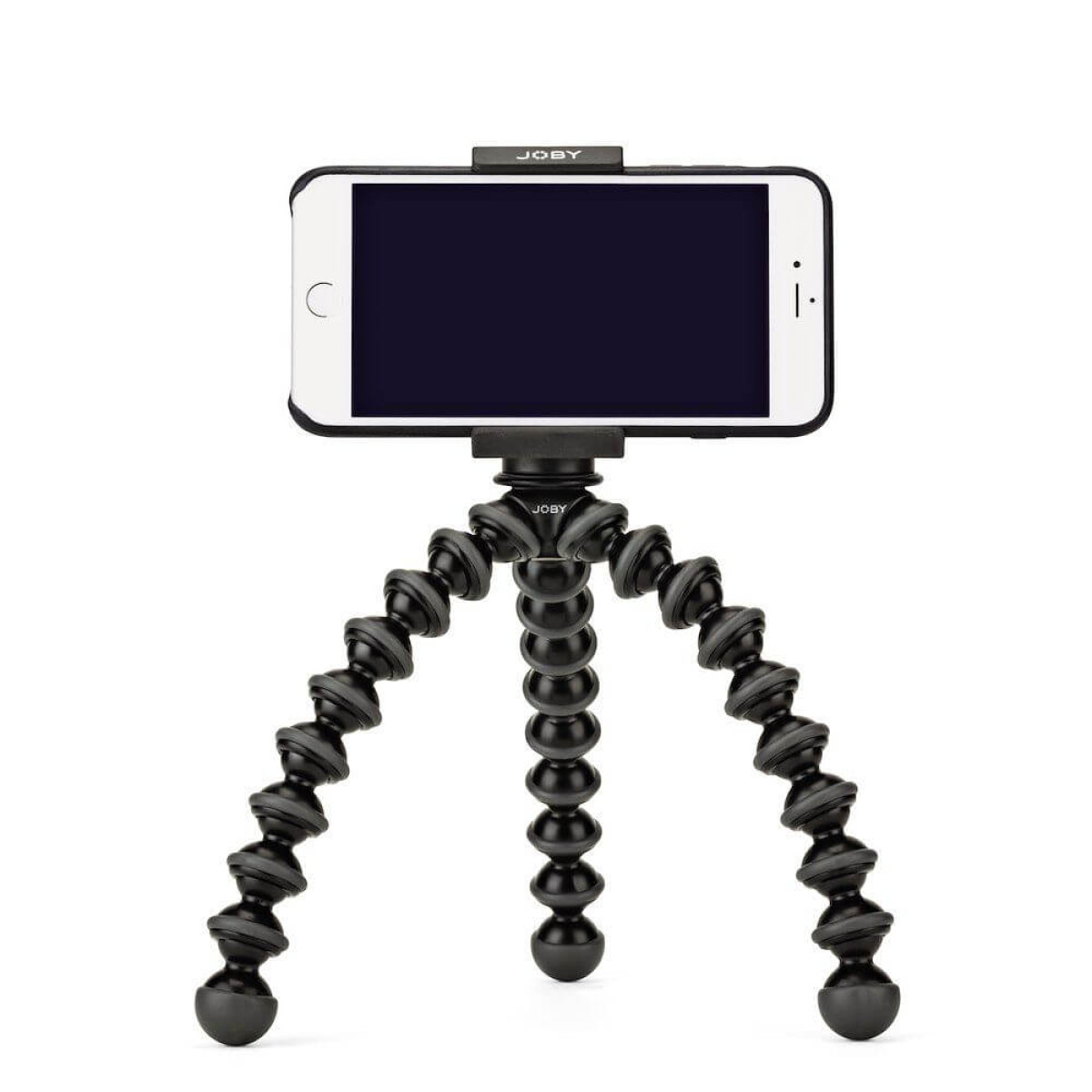 Ein schwarzes Joby-Stativ mit flexiblen Beinen hält ein Smartphone mit dunklem Bildschirm.