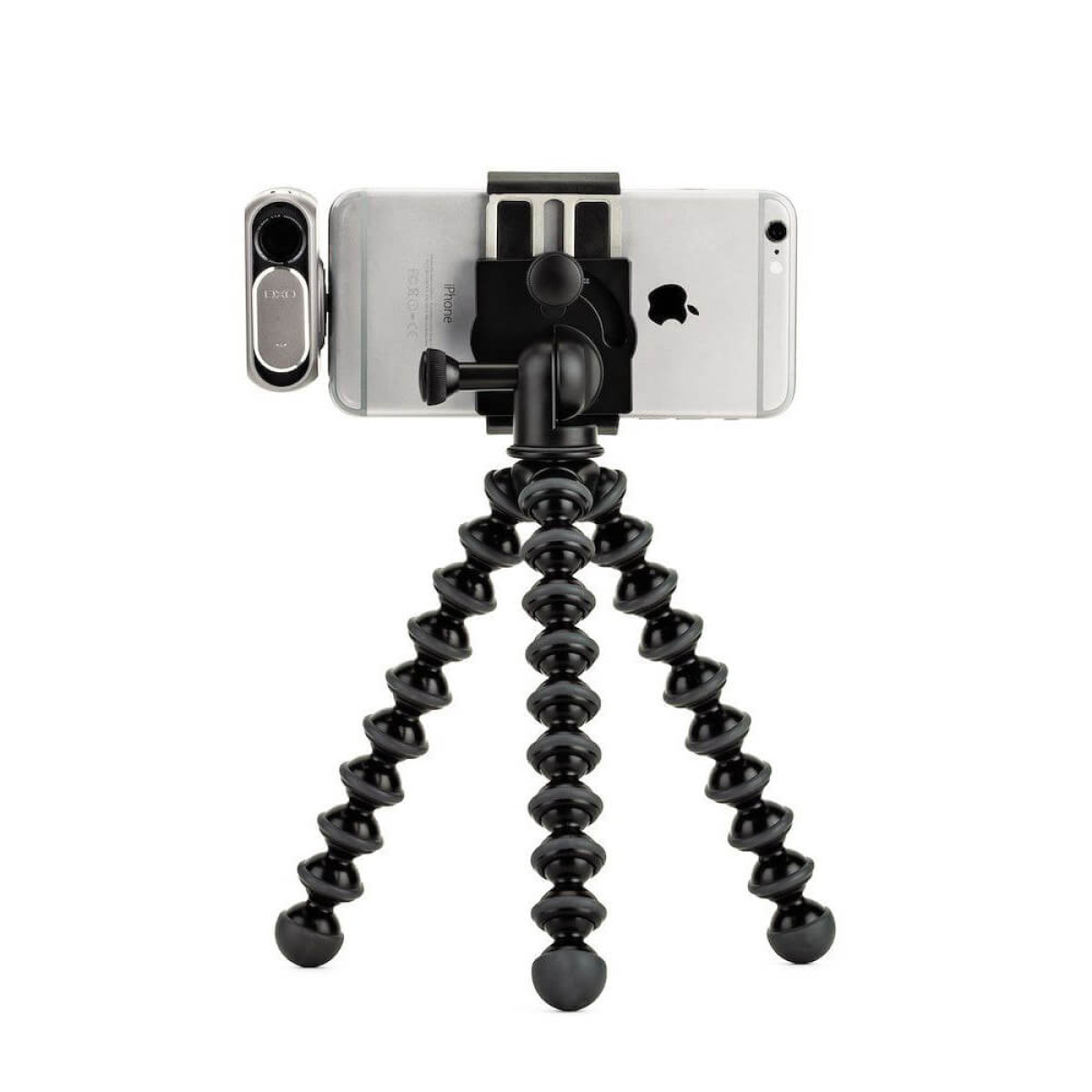 Ein Smartphone ist auf einem flexiblen Gorillapod-Stativ montiert.