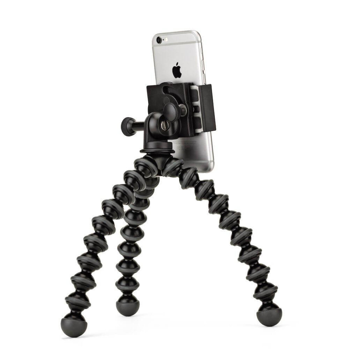 Ein silbernes iPhone auf einem flexiblen schwarzen Stativ mit drei Beinen.