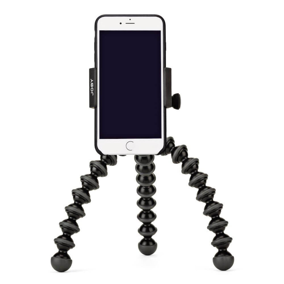 Ein weies Smartphone auf einem schwarzen flexiblen Gorillapod-Stativ.