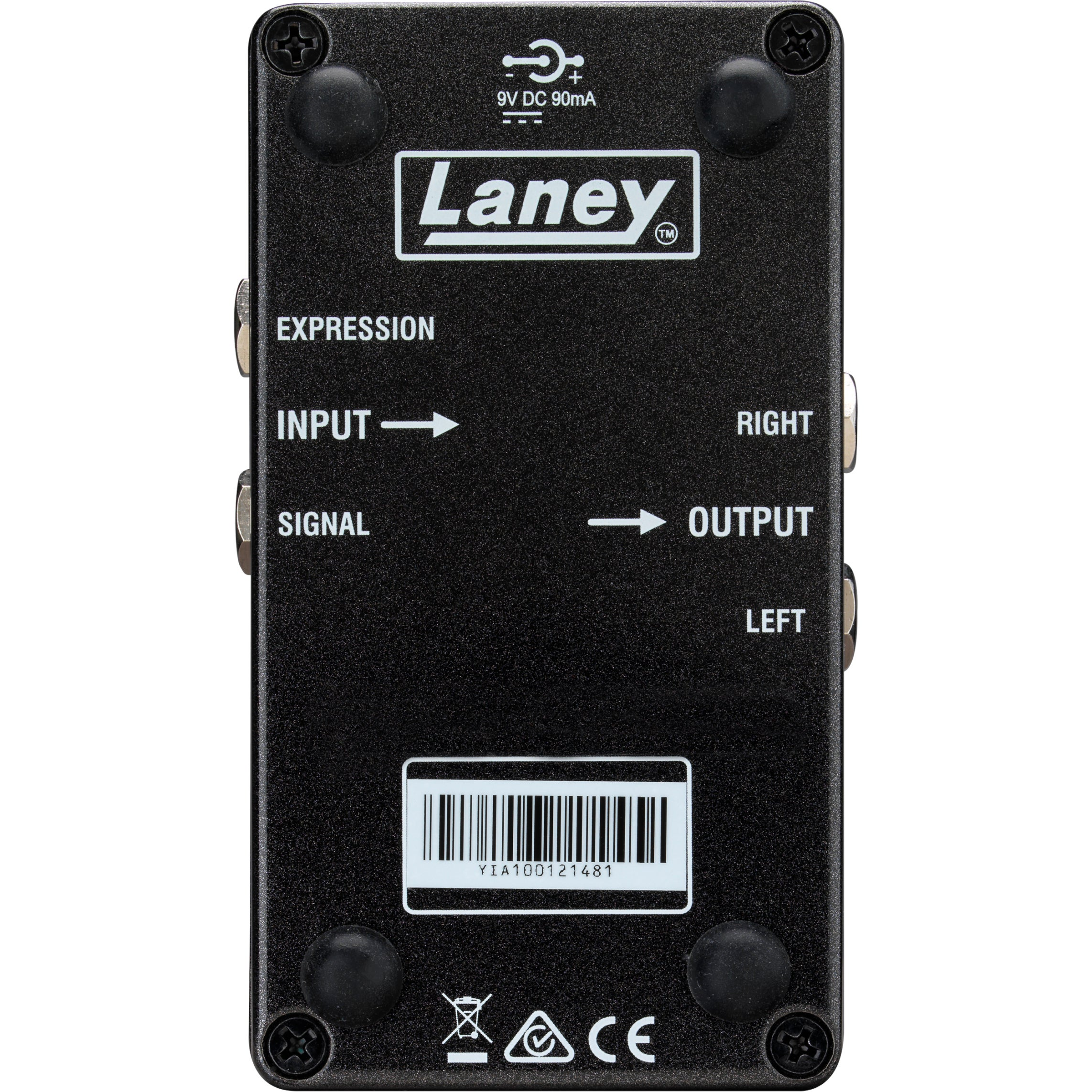 Zwart Laney pedaal met input/output labels en stroomspecificatie.