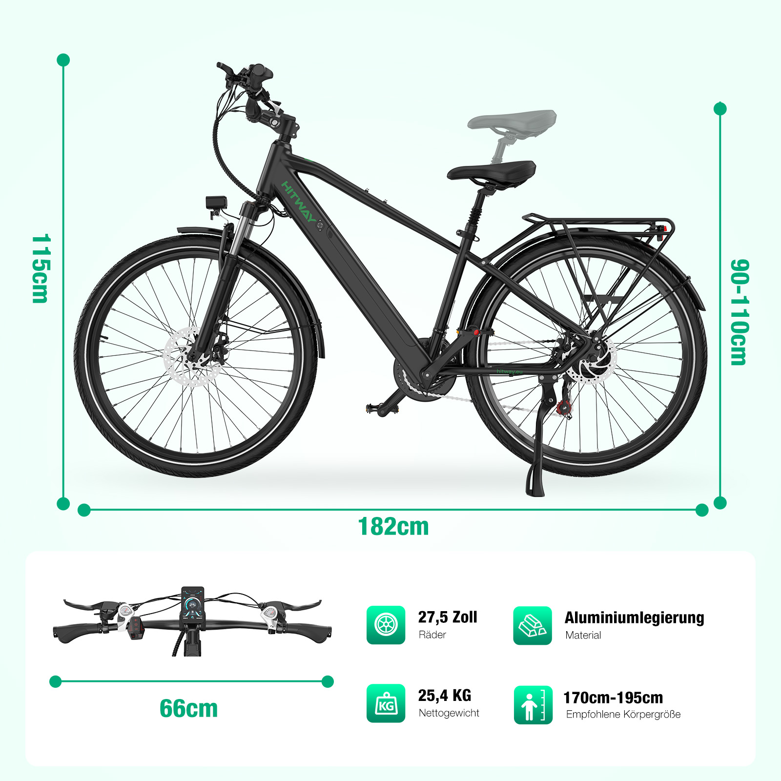 Ein schwarzes E-Bike mit Maßen: 115cm hoch, 182cm lang, 90-110cm Sitzhöhe.