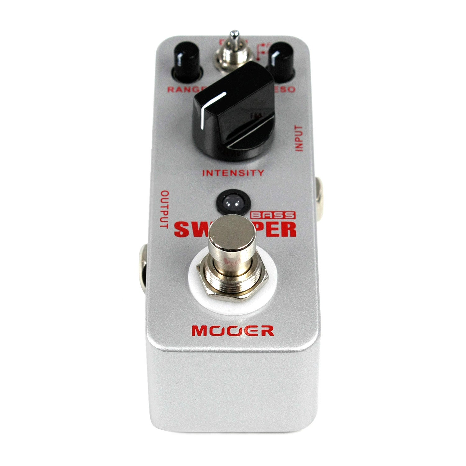 Gümüş Mooer Bass Sweeper efekt pedalı düğmeler ve ayak anahtarı ile.