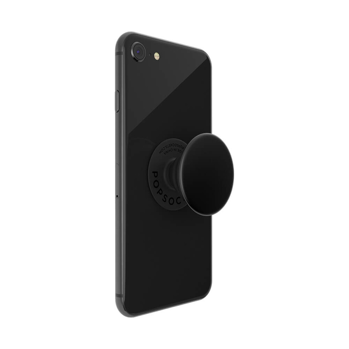 Schwarzes Smartphone mit einem schwarzen PopSocket auf der Rückseite.