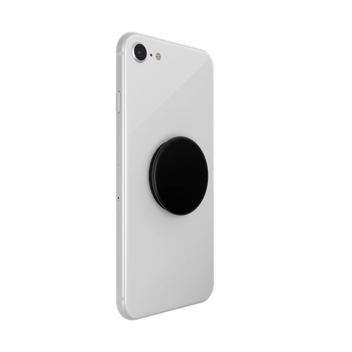 Ein weißes Smartphone mit einem schwarzen Pop-Socket auf der Rückseite.
