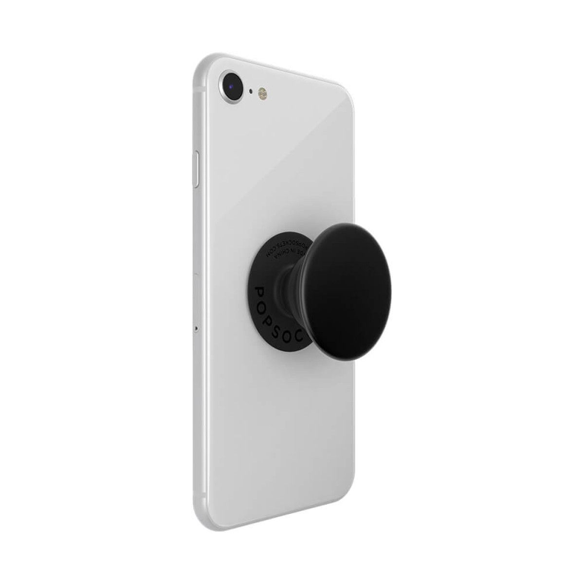 Ein weißes Smartphone mit einem schwarzen PopSocket auf der Rückseite.