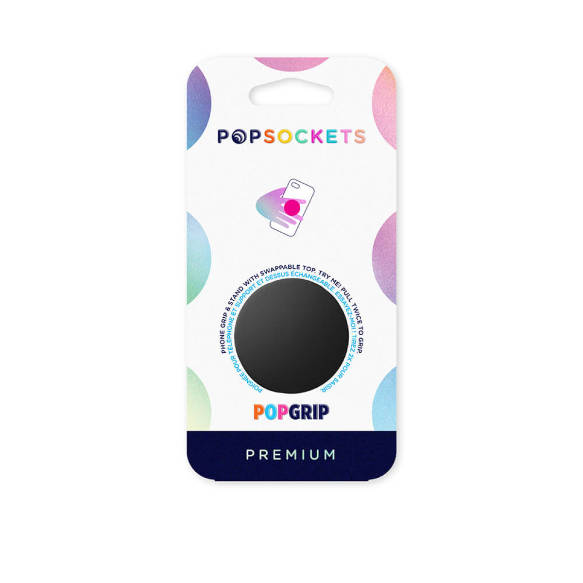 Verpackung für einen schwarzen PopGrip mit Logo und Produktbild.
