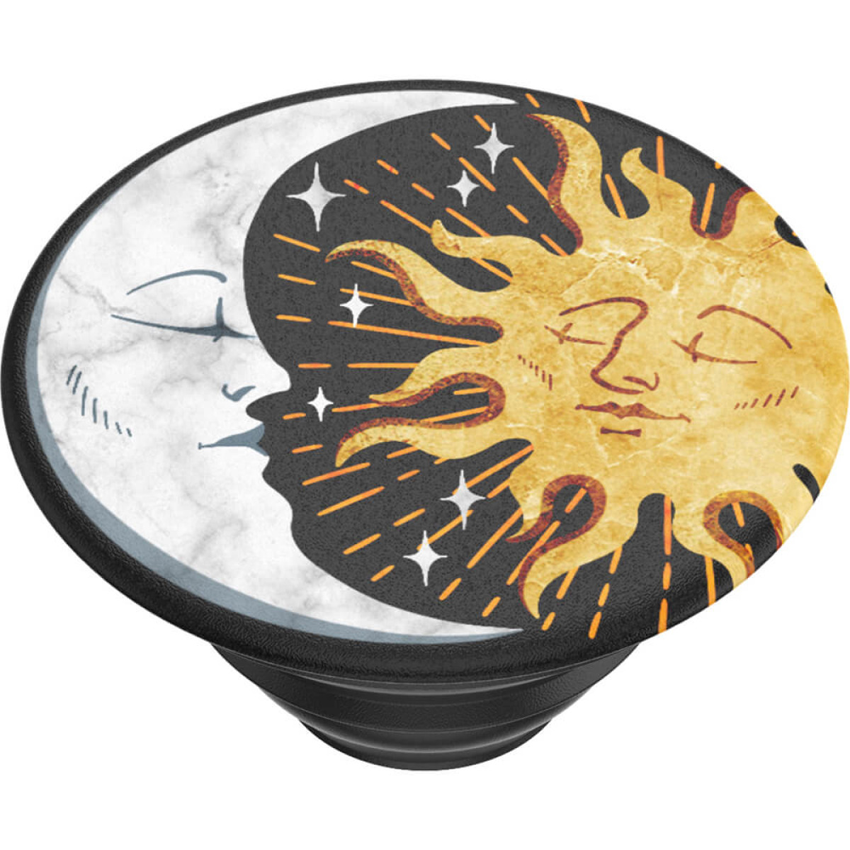 Ein Gesichtsdesign aus Sonne und Mond mit Sternen auf schwarzem Hintergrund.