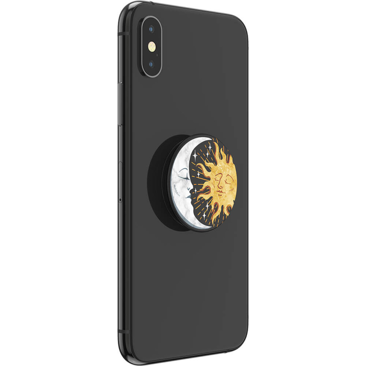 Schwarzes Handy mit einem Pop-Socket, das Sonne und Mond zeigt.