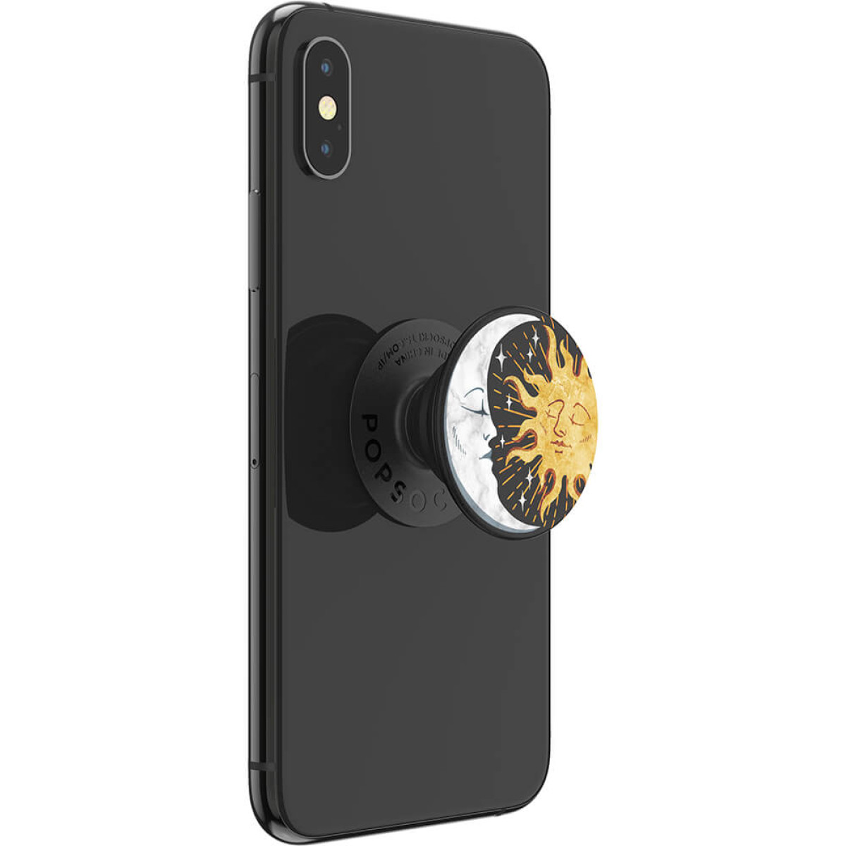 Schwarzes Handy mit einem PopSocket, das Sonne und Mond zeigt.