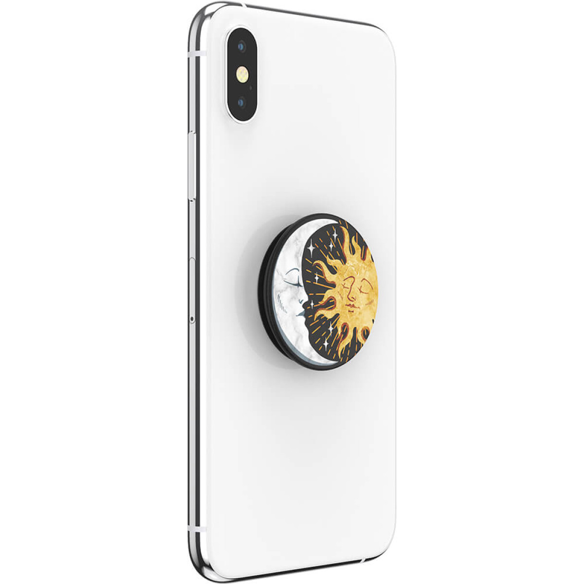 Weißes Handy mit PopSocket von Sonne und Mond. Sonne ist golden, Mond weiß.