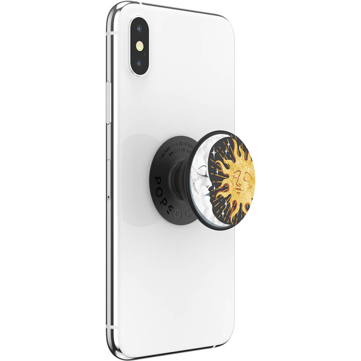 Ein weißes Smartphone mit einem Pop-Socket mit Sonne und Mond.